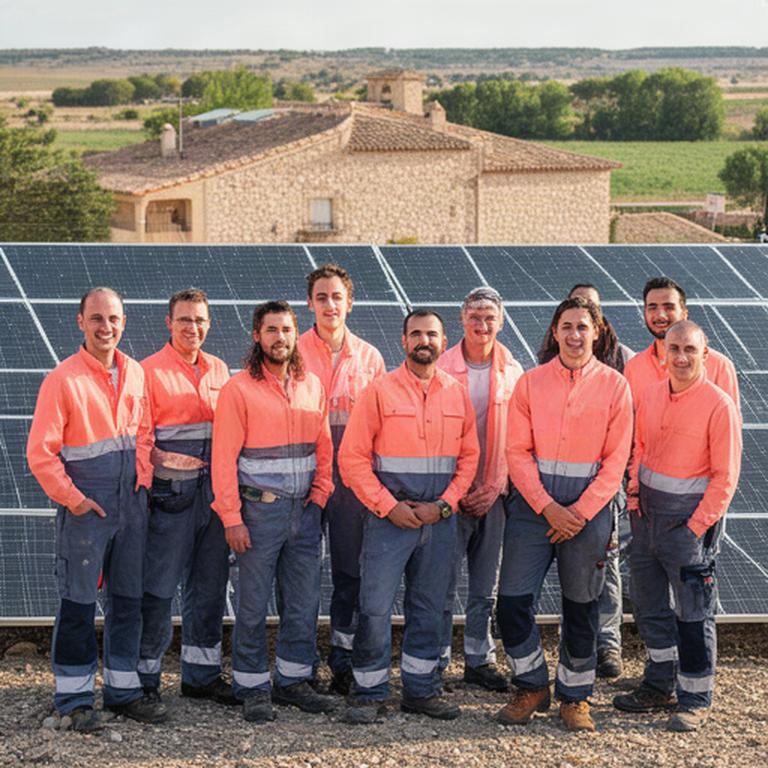 Equipo de especialistas en energía solar reunido frente a una instalación fotovoltaica en Cuéllar